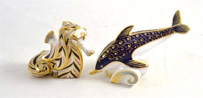 Lot 316 - Two Royal Crown Derby figures of a dolphin and a sea horse, with boxes