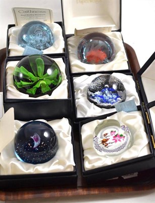 Lot 325 - Six Caithness glass paperweights boxed with certificates; (1981) Royal Wedding Moonflower...