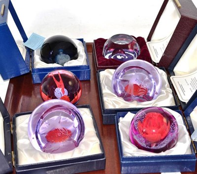 Lot 329 - Six Caithness glass paperweights boxed with certificates; (1978) Swan, (1980) Sanctuary No 190,...