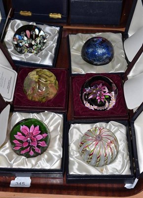 Lot 345 - Six Caithness glass paperweights boxed with certificates; (1978) El Dorado, (1978) Butterfly &...