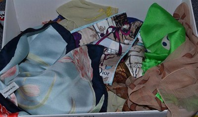 Lot 347 - Seven scarves by Dior, Chanel etc, an embroidered Pashmina and a pair of gloves