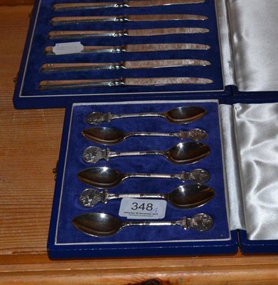 Lot 348 - Cased set of six silver spoons and six silver handled knives