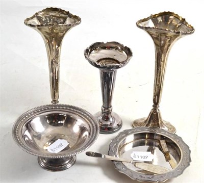 Lot 369 - Silver bud vase, silver pedestal dish, pair of silver bud vases, white metal butter dish and...