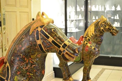Lot 1119 - A Massive Pair of Chinese Tang Style Polychrome Decorated Figures of Horses, 20th century,...
