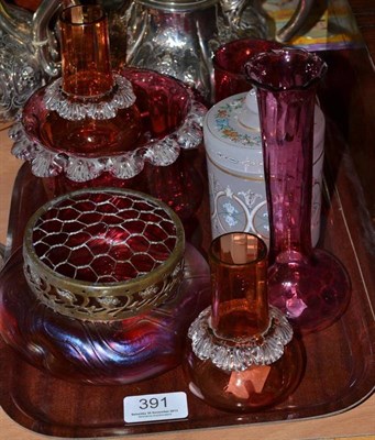 Lot 391 - Bohemian milk glass jar, Loetz style vase, and various cranberry glass