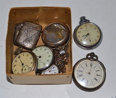 Lot 392 - A silver chronograph pocket watch, lady's fob watch, two silver vesta cases and four pocket watches