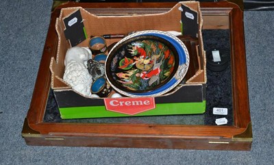 Lot 401 - Glazed table top cabinet and collectors plates, German pipe, barometer etc