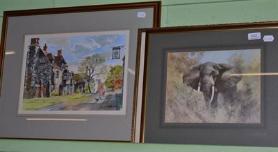 Lot 432 - George Jarvis watercolour of a farm, together with a David Shepherd print of an elephant and a...