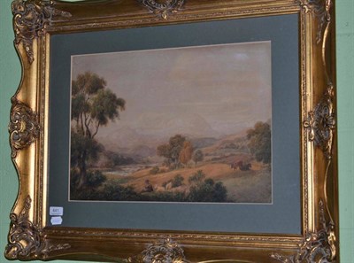 Lot 441 - English School, 19th century watercolour of a landscape with cattle and figures in the...