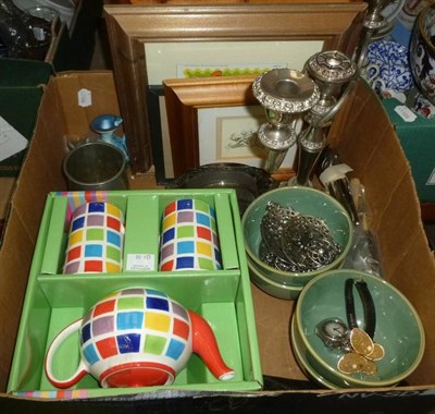 Lot 656 - Ironstone pedestal bowl, baby plates, collectors plates, ceramics, glass, etc