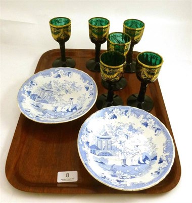Lot 8 - Six green glass wine glasses with gilt decoration and a pair of chinoiserie Staffordshire...