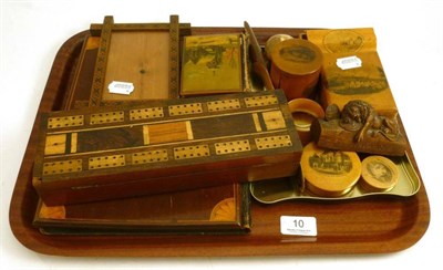 Lot 10 - A collection of Mauchline ware, cribbage board, Tunbridgeware frame and blotter etc (12)