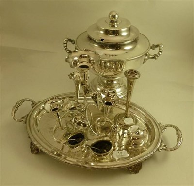 Lot 19 - Silver plated tureen, tray, condiments and vases