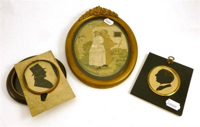 Lot 26 - Three silhouettes, a textile picture and a frame