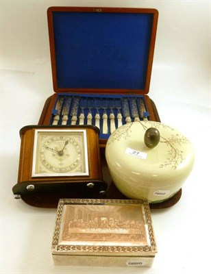 Lot 27 - Cased set of Victorian fruit eaters, Elliott clock, cigarette case and Lichte box and cover
