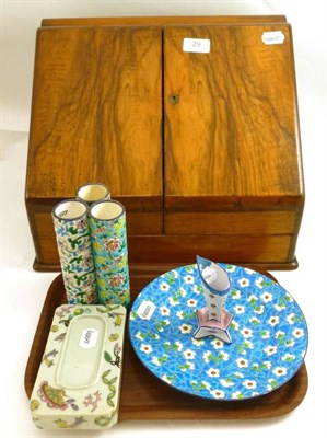 Lot 29 - Walnut stationary box, Longwy triple vase and plate, faience vase and Chinese ink stones (5)