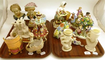 Lot 47 - Two trays of decorative ceramics including a Marcolini Meissen type figure group of musicians,...