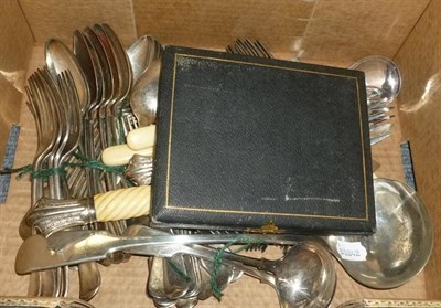 Lot 53 - Pair of plated fish servers by Walker & Hall, pair of salad servers, cased set of knives and...