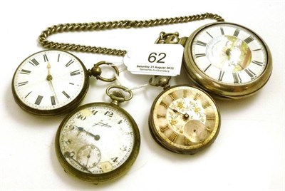 Lot 62 - A silver pair cased pocket watch 'Speed the Plough', fob watch, silver pocket watch and a...