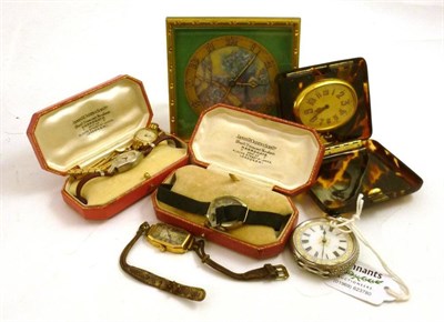 Lot 71 - An Art Deco small strut timepiece, travelling timepiece, 18ct gold lady's wristwatch, three...