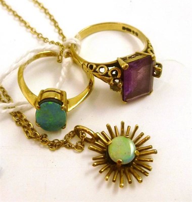 Lot 78 - A 9ct gold dress ring, an opal triplet ring stamped '9CT' and an opal set pendant on chain