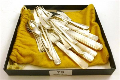 Lot 79 - Six mother of pearl handled fruit knives, six cake forks, six coffee spoons and three butter spades