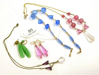 Lot 85 - Assorted glass necklaces and a pair of jade type earrings