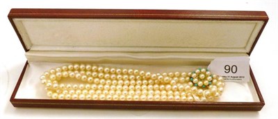 Lot 90 - A cultured pearl three row choker with a 9ct gold turquoise and cultured pearl-set clasp