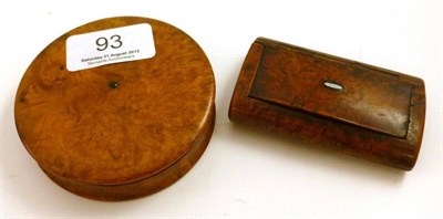 Lot 93 - A burr wood snuff box with tortoiseshell liner and another rectangular example