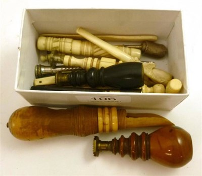 Lot 106 - A bone apple corer, three hand seals, sewing items, scoop, etc