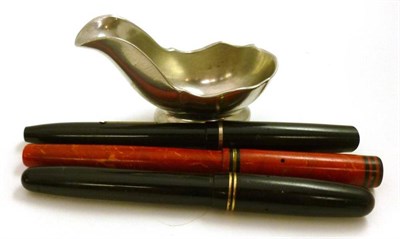 Lot 111 - Three fountain pens: Swan calligraph, Swan marbled red and Osmiroid, also a Dunhill pewter pipe...