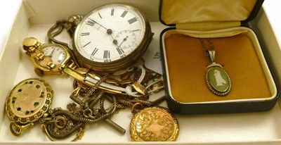 Lot 114 - A pocket watch, two lockets, assorted pendants on chains, a lady's 9ct gold wristwatch, an...