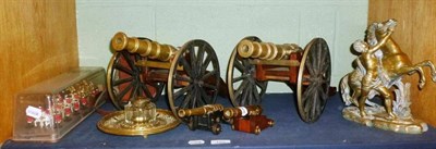 Lot 122 - Pair of model cannons, two others, a Marly horse, brass inkstand, 1977 model of a coronation...