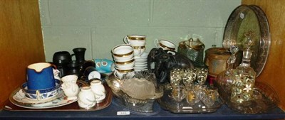 Lot 123 - Two glass liqueur sets, two ebony elephants, small quantity of linen and decorative items