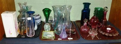 Lot 131 - A shelf of decorative glass including cranberry, Caithness, Whitefriers style vase, a slab...