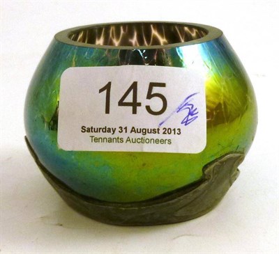 Lot 145 - Small iridescent glass vase with pewter mounts, signed Loetz