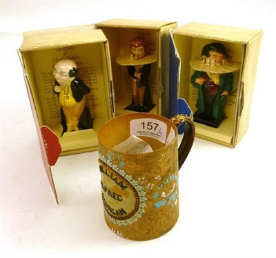 Lot 157 - Doulton mug 'William Alfred Morgan' and three boxed Doulton Dickens figures