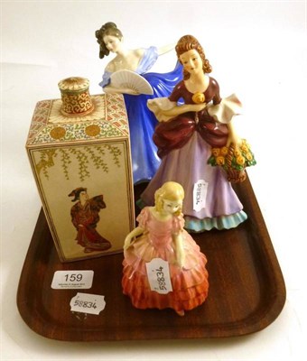 Lot 159 - Two Royal Doulton figures 'Rose' and 'Elaine' and Goebels figure and a Japanese satsuma earthenware