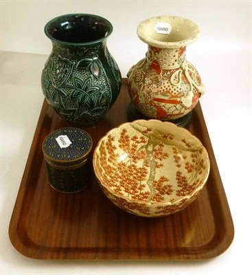 Lot 162 - Satsuma bowl, Japanese vase, cloisonne jar and napkin ring and another vase (5)