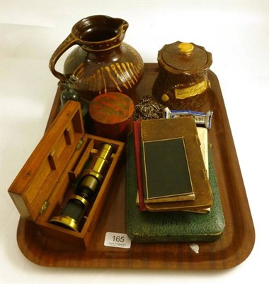 Lot 165 - Mixed collectables including a mahogany cased drum microscope, slipware, ebony atomiser,...