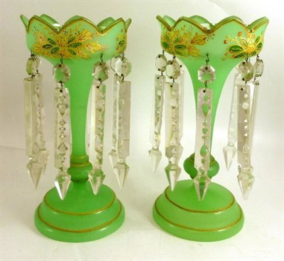 Lot 169 - Pair of green glass lustres