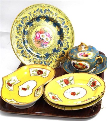 Lot 195 - Three yellow ground dessert plates; Copeland cup, cover and stand; and a Worcester plate