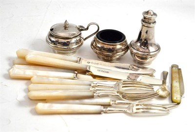 Lot 208 - Silver folding fruit knife, six piece silver fruit service and a plated cruet