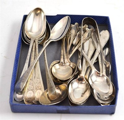 Lot 210 - Set of seven silver teaspoons, a set of eight initialled silver teaspoons with cast finials, a...