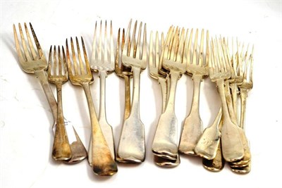 Lot 212 - Six matched silver table forks, six Victorian matched silver dessert forks and four silver Georgian