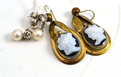 Lot 216 - Pair of cameo ear pendants together with diamond and pearl ear studs