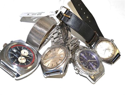 Lot 221 - A steel chronograph wristwatch signed Sicura, Camy wristwatch, Emperor wristwatch and another...