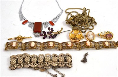 Lot 225 - A cameo set bracelet, an Art Deco necklace, five brooches, a pierced bracelet etc