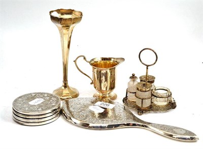 Lot 226 - A silver cream jug, trumpet vase, hand mirror, cruet set etc