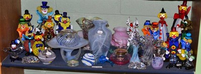 Lot 238 - Shelf of decorative glass including Murano clowns, bowls, vases etc